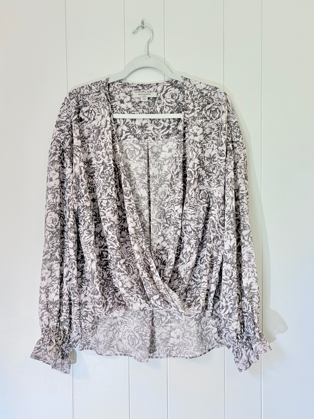 All Saints Peach Taupe Floral Wrap Blouse Semi Sheer Blouson Sleeves Large